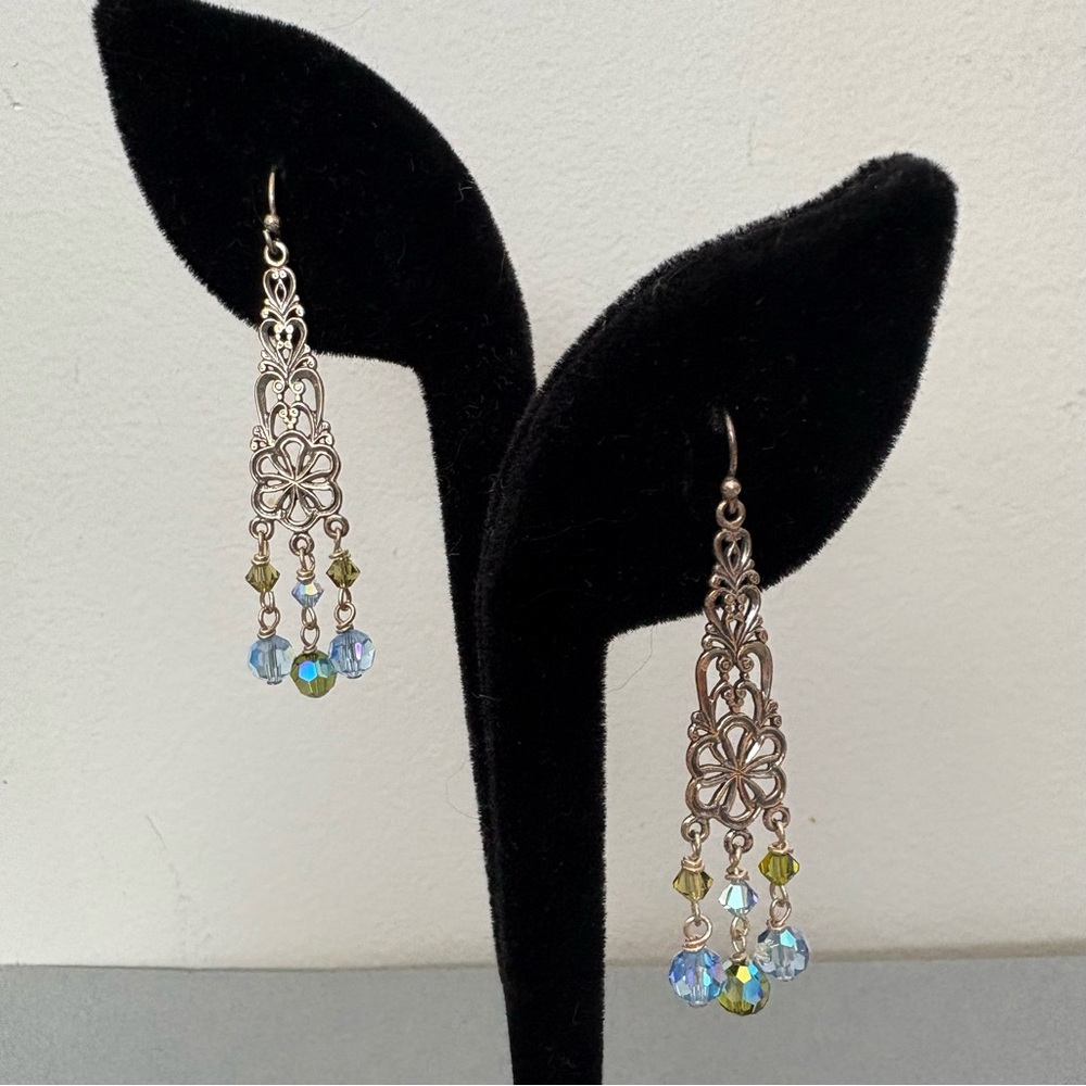 Elegant Sterling Silver  Dangle Earrings with Blue and Green Swarovski Crystals